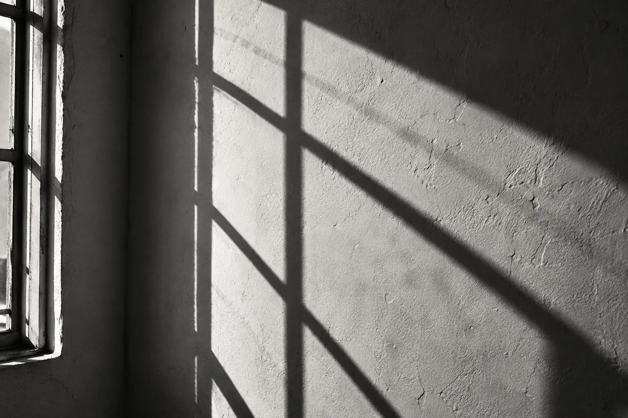 Sombra de uma janela projetada sobre uma parede.